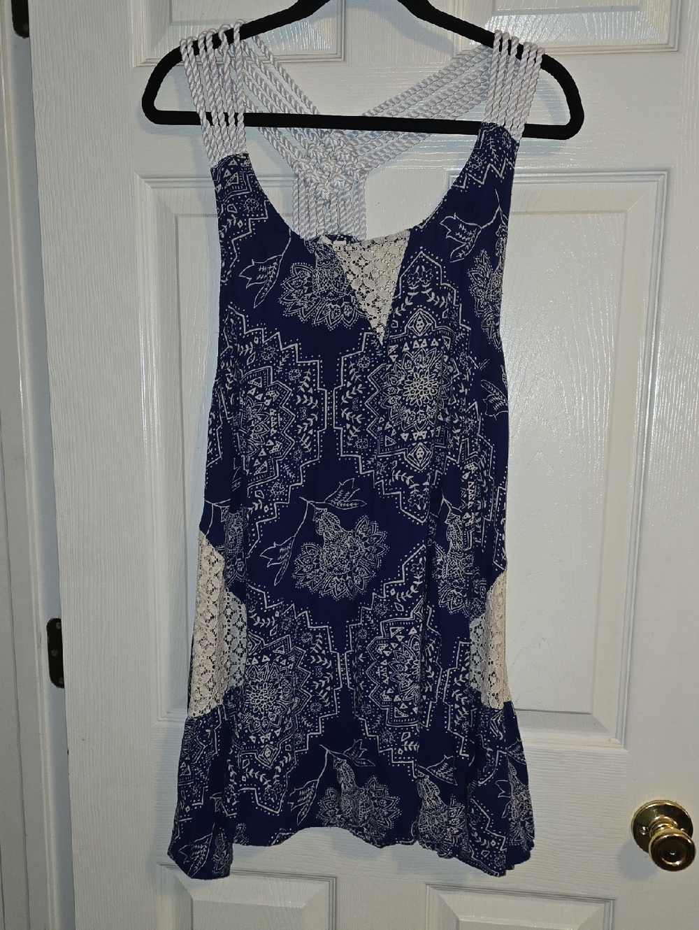 Rip Curl Navy Printed Mini Dress with White Macramé Detail